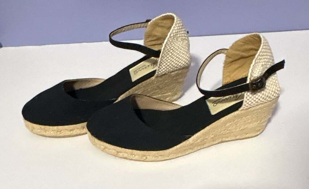 Gaimo Black Canvas And Woven Jute Ankle-Strap Wedge Espadrilles Hand Made in Spa